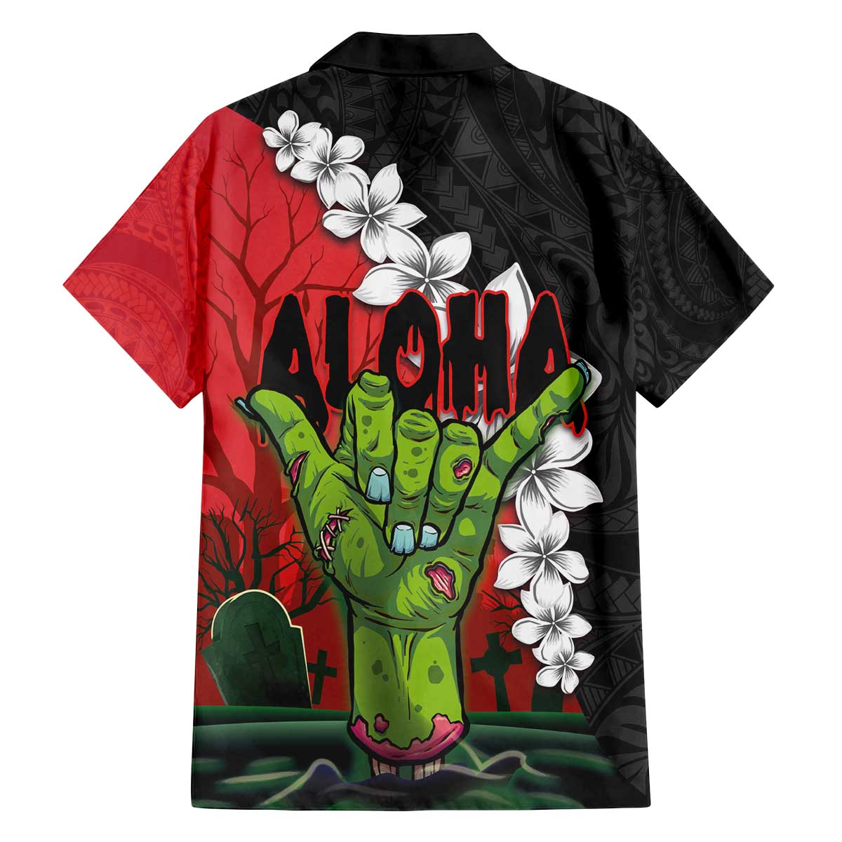 Hawaiian Halloween Family Matching Off The Shoulder Long Sleeve Dress and Hawaiian Shirt Horror Shaka Hand with Plumeria and Polynesian Tattoo Blood Color LT03 - Polynesian Pride