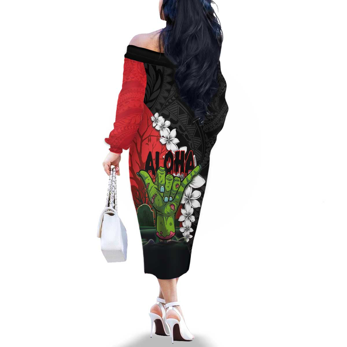 Hawaiian Halloween Family Matching Off The Shoulder Long Sleeve Dress and Hawaiian Shirt Horror Shaka Hand with Plumeria and Polynesian Tattoo Blood Color LT03 - Polynesian Pride
