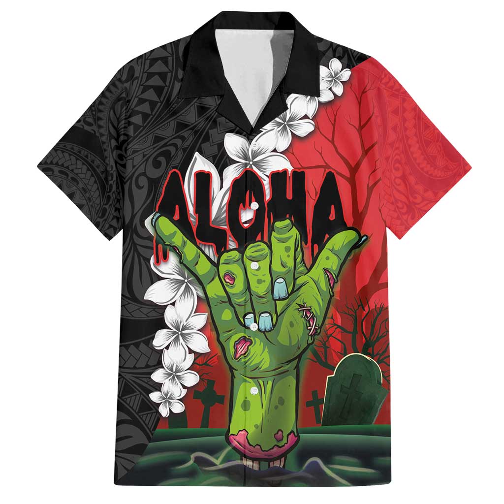 Hawaiian Halloween Family Matching Off Shoulder Maxi Dress and Hawaiian Shirt Horror Shaka Hand with Plumeria and Polynesian Tattoo Blood Color LT03 Dad's Shirt - Short Sleeve Red - Polynesian Pride