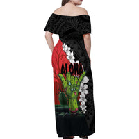 Hawaiian Halloween Family Matching Off Shoulder Maxi Dress and Hawaiian Shirt Horror Shaka Hand with Plumeria and Polynesian Tattoo Blood Color LT03 - Polynesian Pride