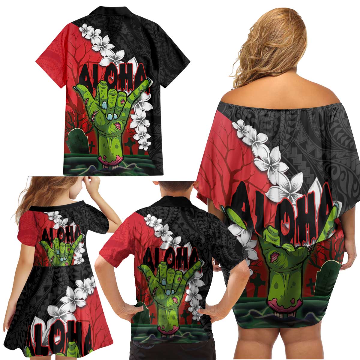 Hawaiian Halloween Family Matching Off Shoulder Short Dress and Hawaiian Shirt Horror Shaka Hand with Plumeria and Polynesian Tattoo Blood Color LT03 - Polynesian Pride