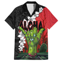 Hawaiian Halloween Family Matching Off Shoulder Short Dress and Hawaiian Shirt Horror Shaka Hand with Plumeria and Polynesian Tattoo Blood Color LT03 Dad's Shirt - Short Sleeve Red - Polynesian Pride
