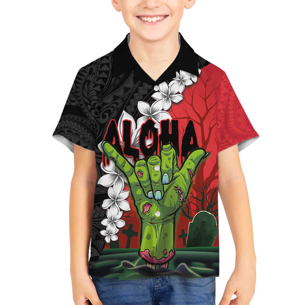 Hawaiian Halloween Family Matching Off Shoulder Short Dress and Hawaiian Shirt Horror Shaka Hand with Plumeria and Polynesian Tattoo Blood Color LT03 Son's Shirt Red - Polynesian Pride