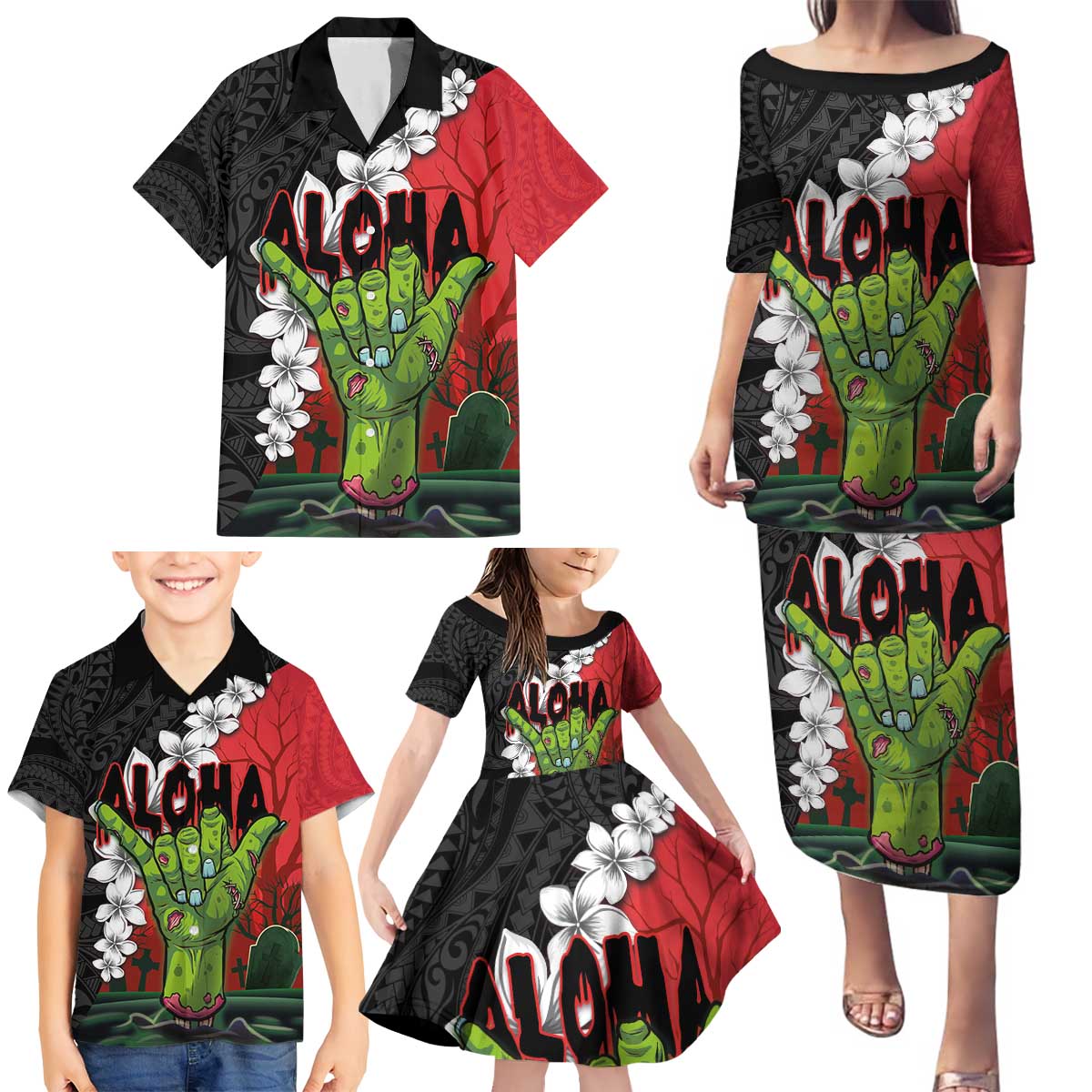 Hawaiian Halloween Family Matching Puletasi and Hawaiian Shirt Horror Shaka Hand with Plumeria and Polynesian Tattoo Blood Color LT03 - Polynesian Pride