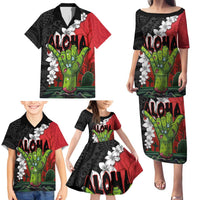 Hawaiian Halloween Family Matching Puletasi and Hawaiian Shirt Horror Shaka Hand with Plumeria and Polynesian Tattoo Blood Color LT03 - Polynesian Pride