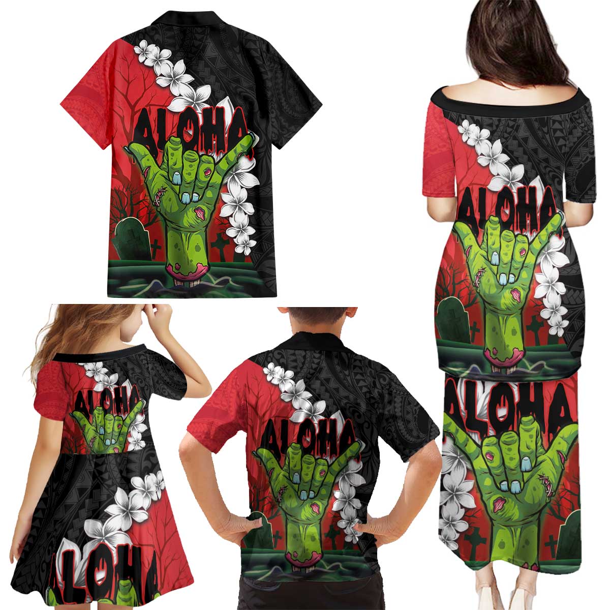Hawaiian Halloween Family Matching Puletasi and Hawaiian Shirt Horror Shaka Hand with Plumeria and Polynesian Tattoo Blood Color LT03 - Polynesian Pride