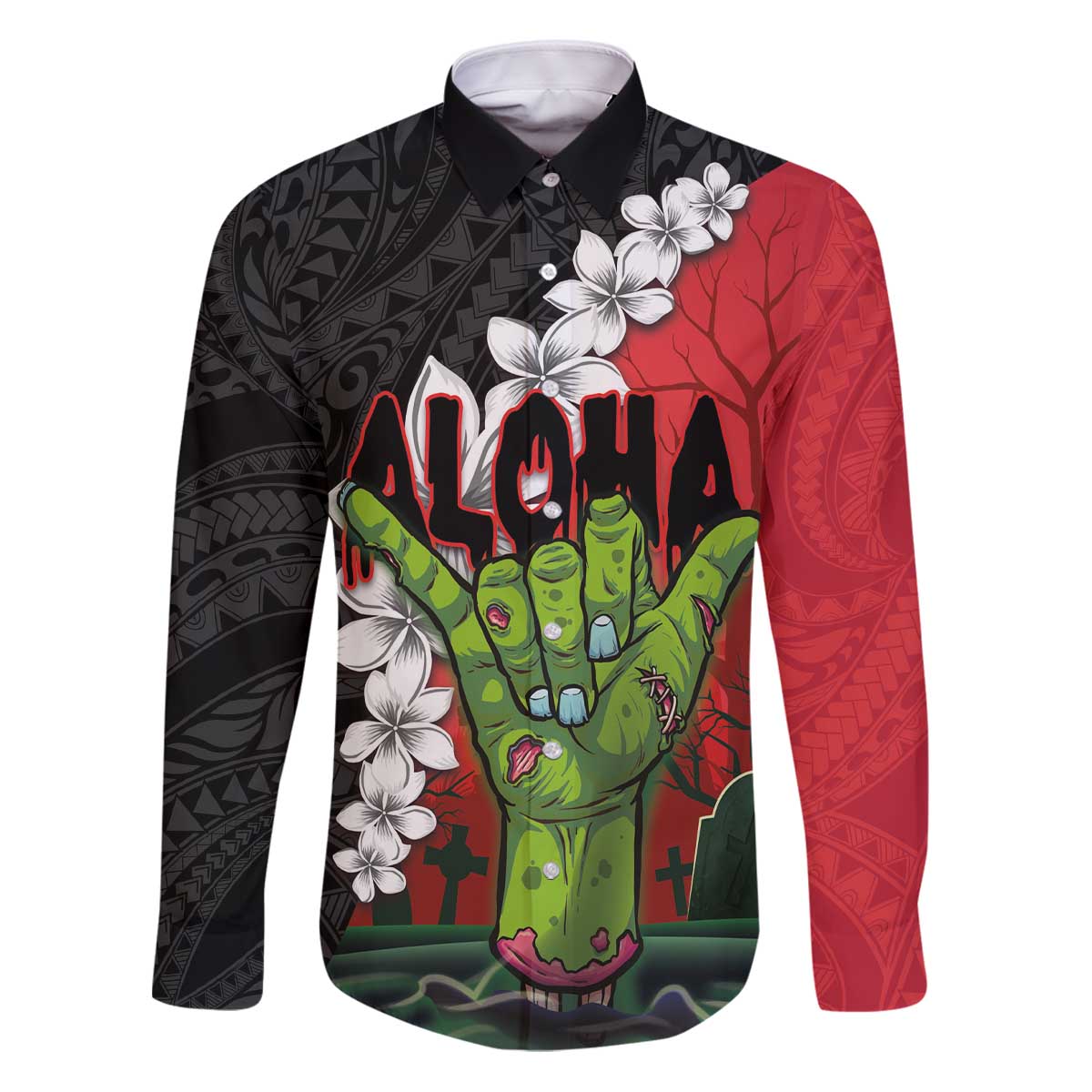 Hawaiian Halloween Family Matching Puletasi and Hawaiian Shirt Horror Shaka Hand with Plumeria and Polynesian Tattoo Blood Color LT03 Dad's Shirt - Long Sleeve Red - Polynesian Pride