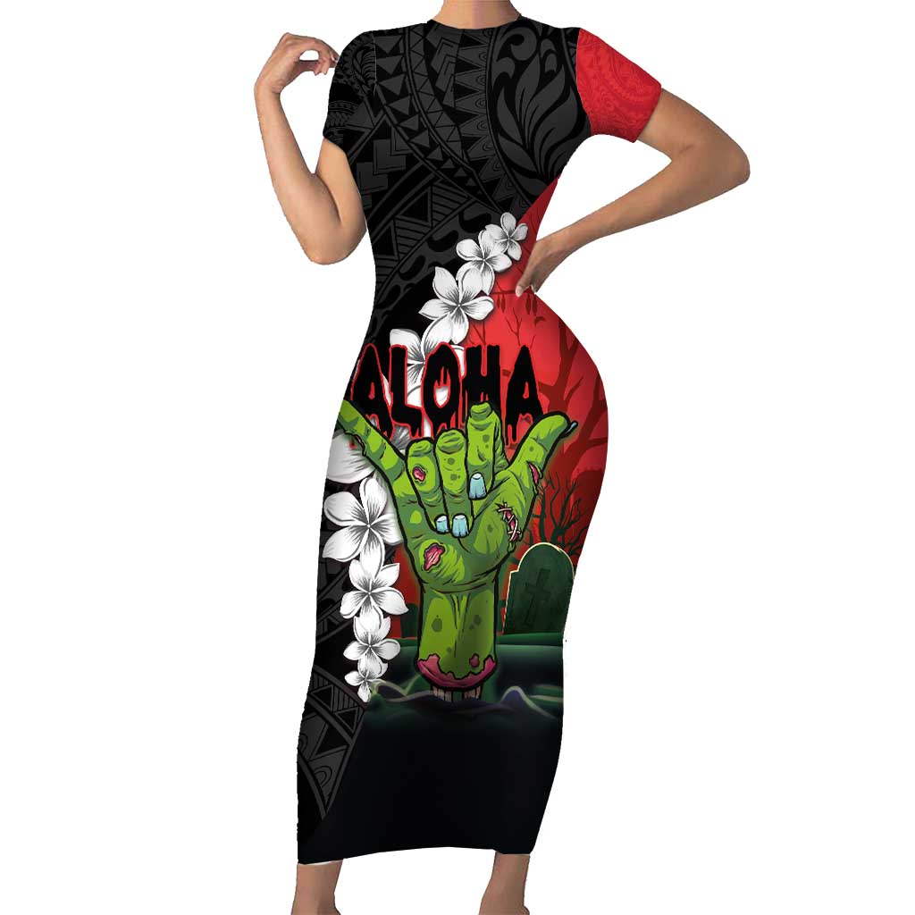 Hawaiian Halloween Family Matching Short Sleeve Bodycon Dress and Hawaiian Shirt Horror Shaka Hand with Plumeria and Polynesian Tattoo Blood Color LT03 Mom's Dress Red - Polynesian Pride
