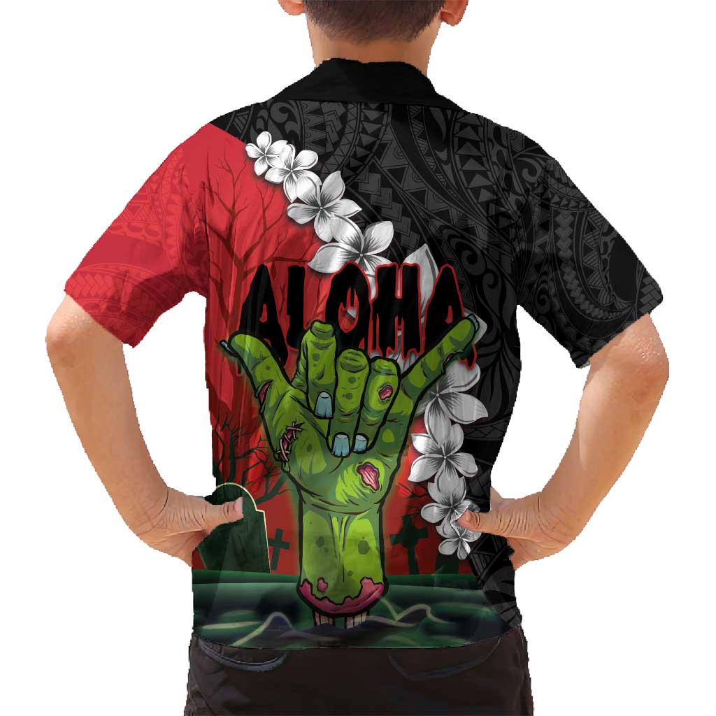 Hawaiian Halloween Family Matching Tank Maxi Dress and Hawaiian Shirt Horror Shaka Hand with Plumeria and Polynesian Tattoo Blood Color LT03 - Polynesian Pride
