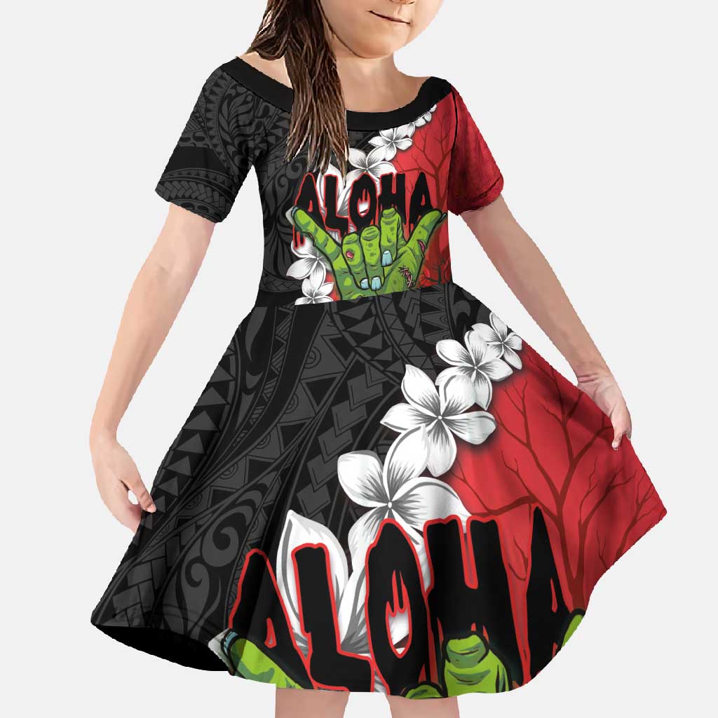 Hawaiian Halloween Family Matching Tank Maxi Dress and Hawaiian Shirt Horror Shaka Hand with Plumeria and Polynesian Tattoo Blood Color LT03 Daughter's Dress Red - Polynesian Pride