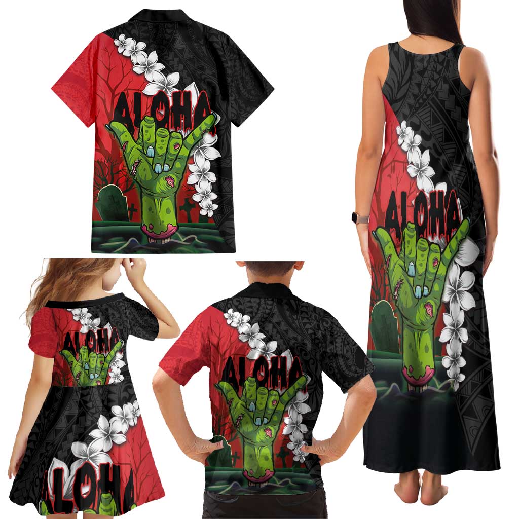 Hawaiian Halloween Family Matching Tank Maxi Dress and Hawaiian Shirt Horror Shaka Hand with Plumeria and Polynesian Tattoo Blood Color LT03 - Polynesian Pride