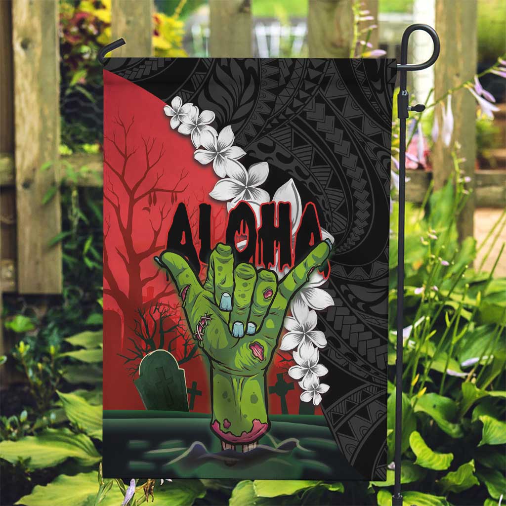 Hawaiian Halloween Garden Flag Horror Shaka Hand with Plumeria and Polynesian Tattoo Blood Color LT03 Garden Flag Red - Polynesian Pride