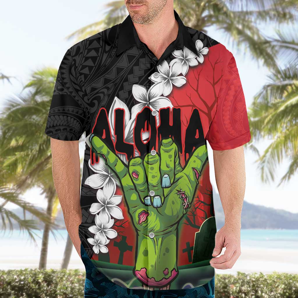 Hawaiian Halloween Hawaiian Shirt Horror Shaka Hand with Plumeria and Polynesian Tattoo Blood Color LT03 - Polynesian Pride