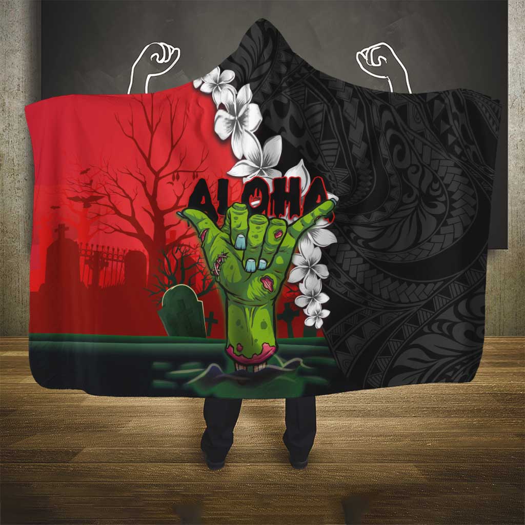 Hawaiian Halloween Hooded Blanket Horror Shaka Hand with Plumeria and Polynesian Tattoo Blood Color LT03 - Polynesian Pride