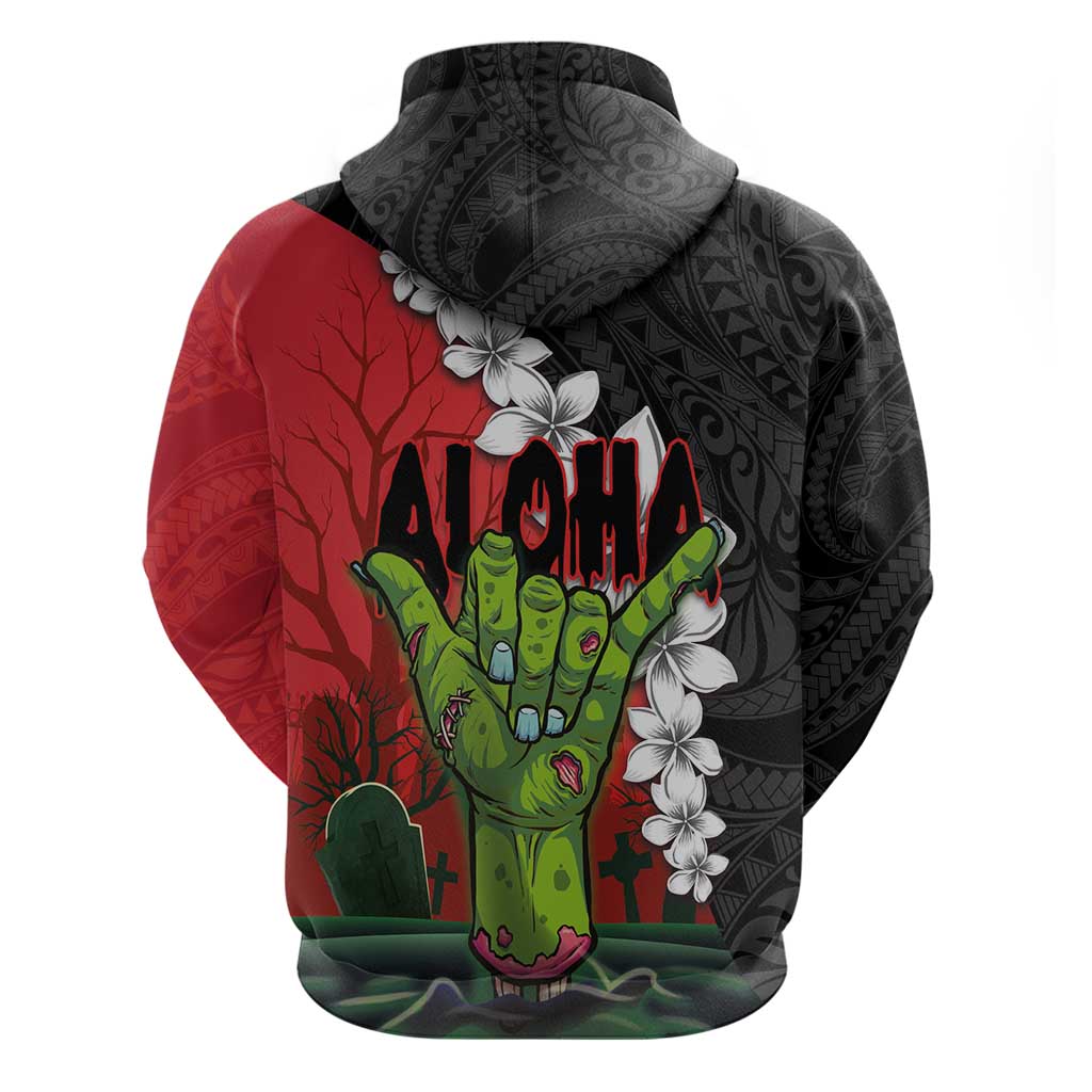 Hawaiian Halloween Hoodie Horror Shaka Hand with Plumeria and Polynesian Tattoo Blood Color LT03 - Polynesian Pride
