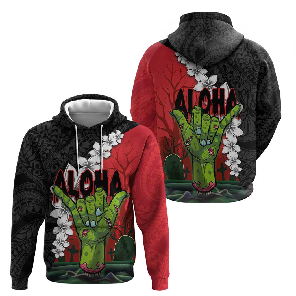 Hawaiian Halloween Hoodie Horror Shaka Hand with Plumeria and Polynesian Tattoo Blood Color LT03 - Polynesian Pride