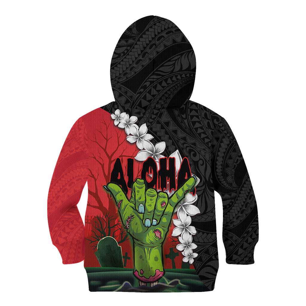 Hawaiian Halloween Kid Hoodie Horror Shaka Hand with Plumeria and Polynesian Tattoo Blood Color LT03 - Polynesian Pride