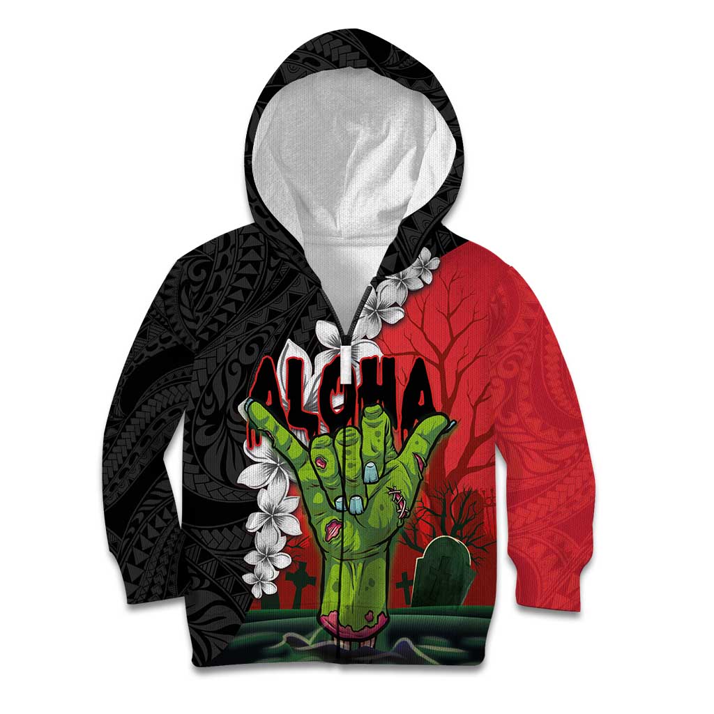 Hawaiian Halloween Kid Hoodie Horror Shaka Hand with Plumeria and Polynesian Tattoo Blood Color LT03 Zip Hoodie Red - Polynesian Pride