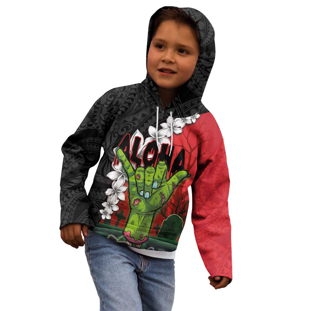 Hawaiian Halloween Kid Hoodie Horror Shaka Hand with Plumeria and Polynesian Tattoo Blood Color LT03 - Polynesian Pride
