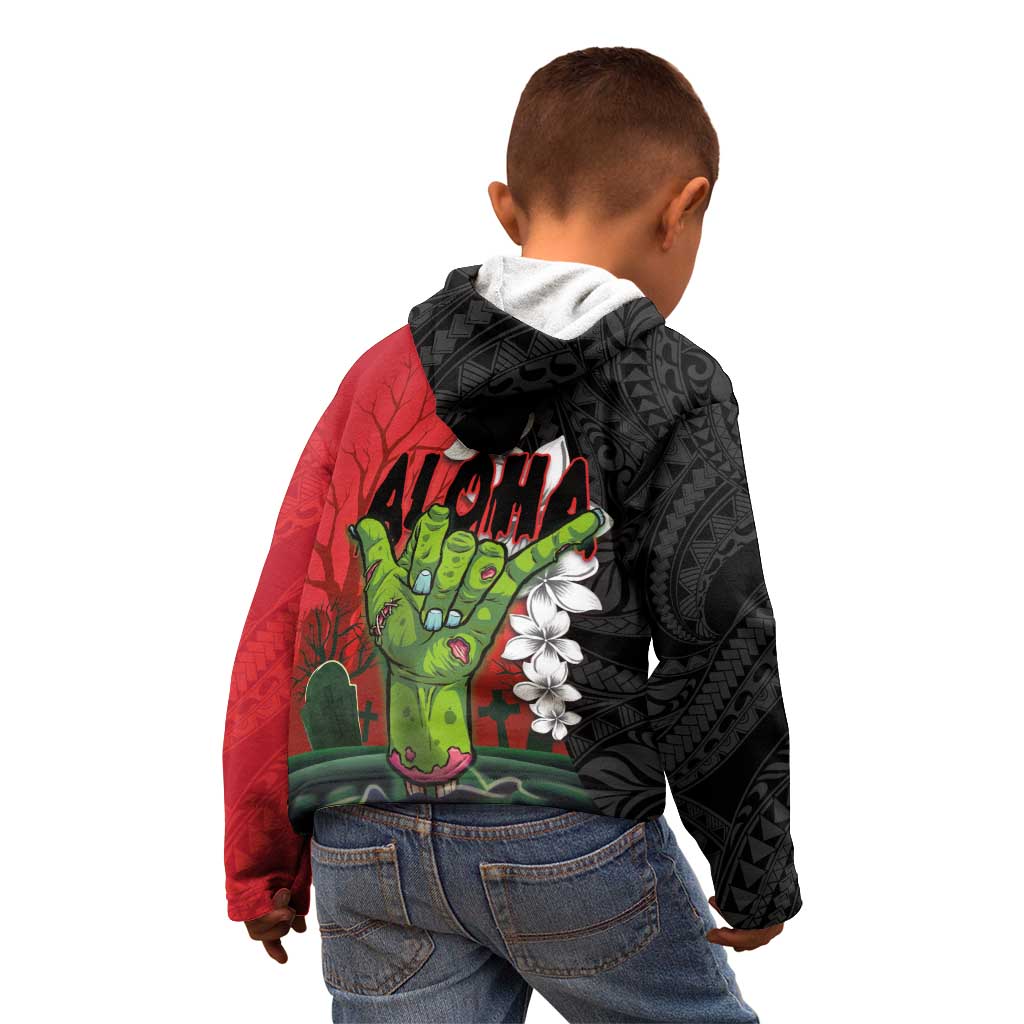 Hawaiian Halloween Kid Hoodie Horror Shaka Hand with Plumeria and Polynesian Tattoo Blood Color LT03 - Polynesian Pride