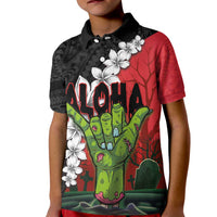 Hawaiian Halloween Kid Polo Shirt Horror Shaka Hand with Plumeria and Polynesian Tattoo Blood Color LT03 Kid Red - Polynesian Pride