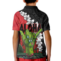 Hawaiian Halloween Kid Polo Shirt Horror Shaka Hand with Plumeria and Polynesian Tattoo Blood Color LT03 - Polynesian Pride