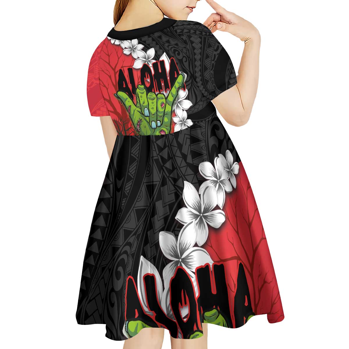 Hawaiian Halloween Kid Short Sleeve Dress Horror Shaka Hand with Plumeria and Polynesian Tattoo Blood Color LT03 - Polynesian Pride