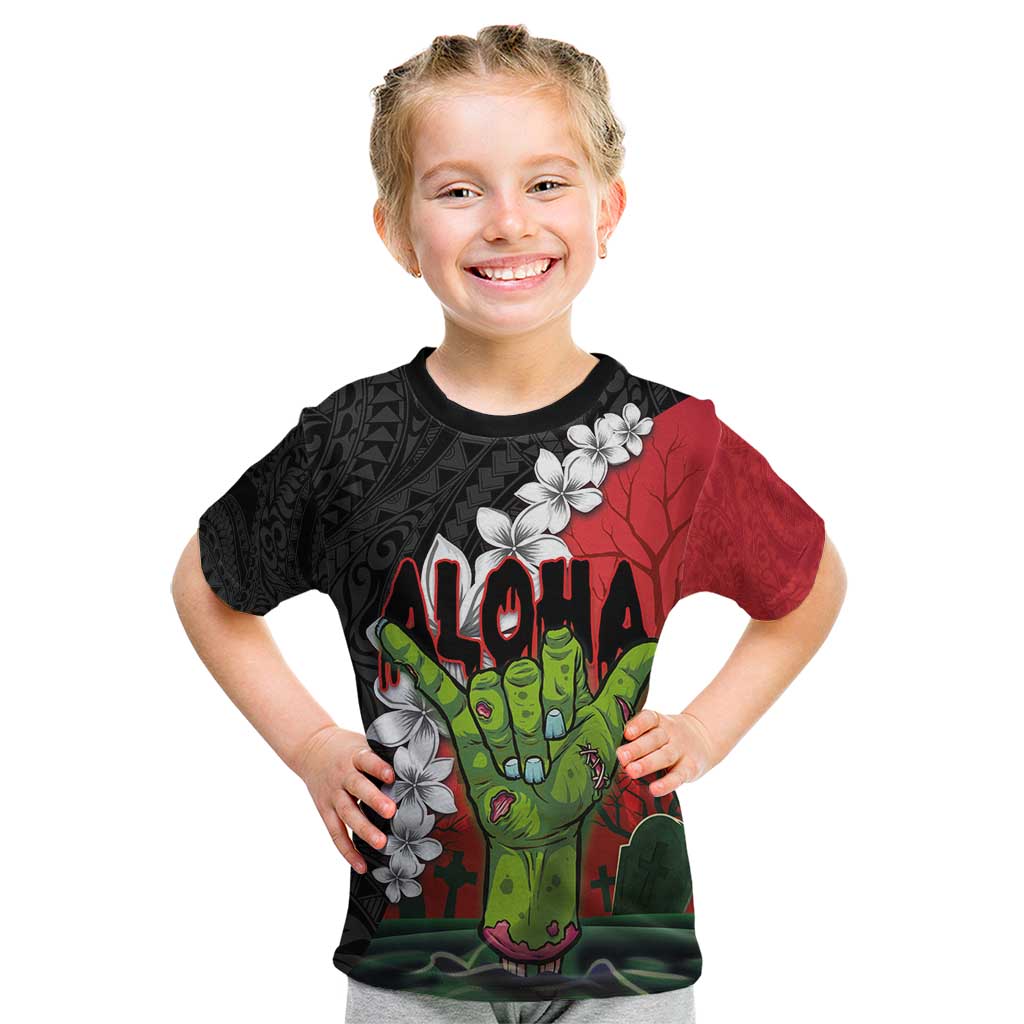 Hawaiian Halloween Kid T Shirt Horror Shaka Hand with Plumeria and Polynesian Tattoo Blood Color LT03 Red - Polynesian Pride