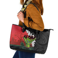 Hawaiian Halloween Leather Tote Bag Horror Shaka Hand with Plumeria and Polynesian Tattoo Blood Color LT03 Red - Polynesian Pride