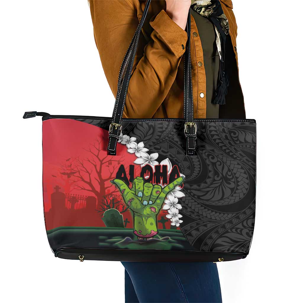 Hawaiian Halloween Leather Tote Bag Horror Shaka Hand with Plumeria and Polynesian Tattoo Blood Color LT03 - Polynesian Pride