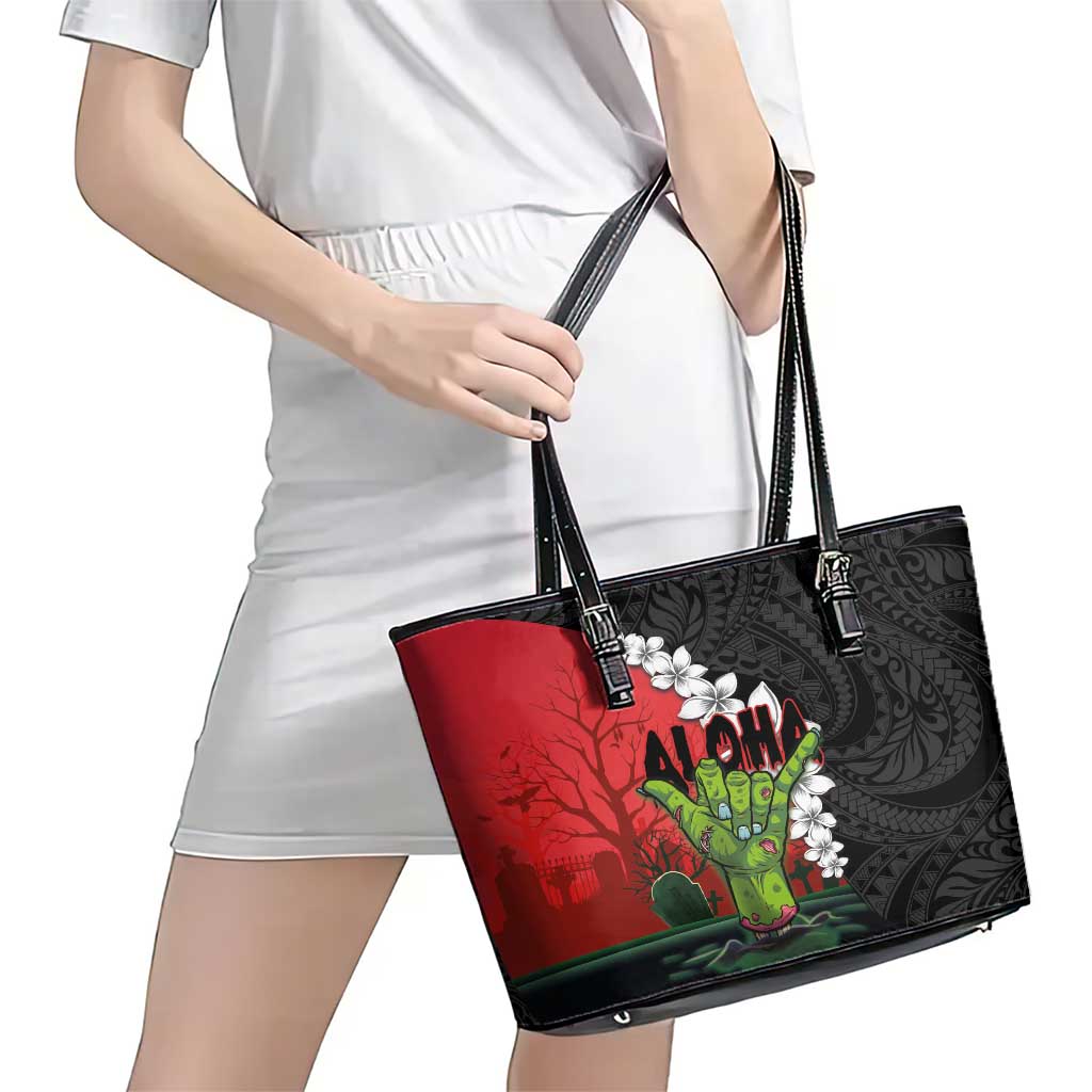 Hawaiian Halloween Leather Tote Bag Horror Shaka Hand with Plumeria and Polynesian Tattoo Blood Color LT03 - Polynesian Pride