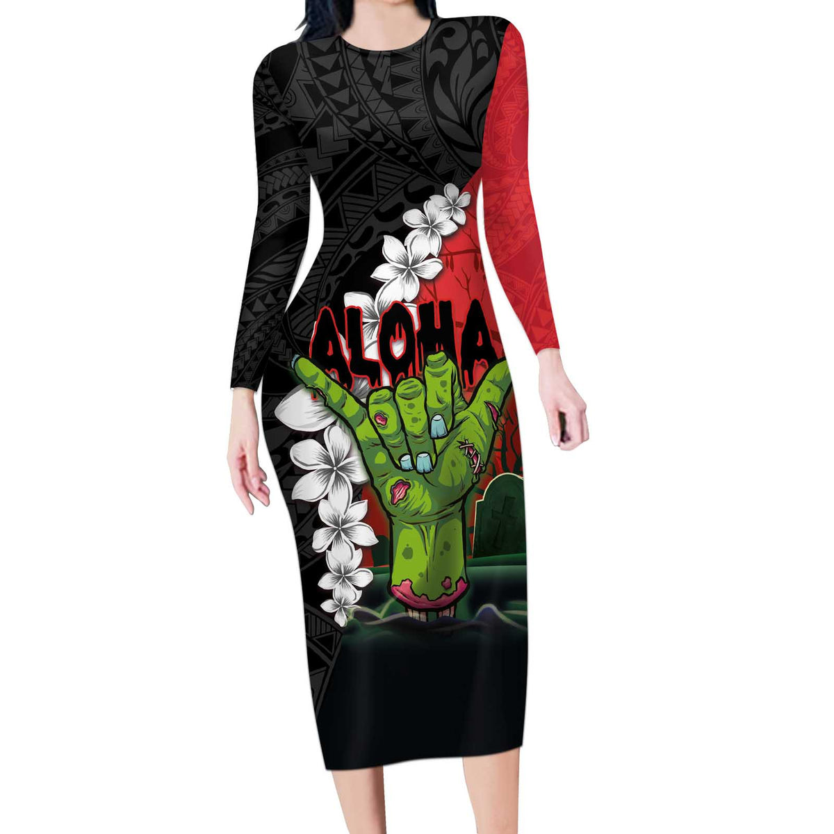 Hawaiian Halloween Long Sleeve Bodycon Dress Horror Shaka Hand with Plumeria and Polynesian Tattoo Blood Color LT03 Long Dress Red - Polynesian Pride