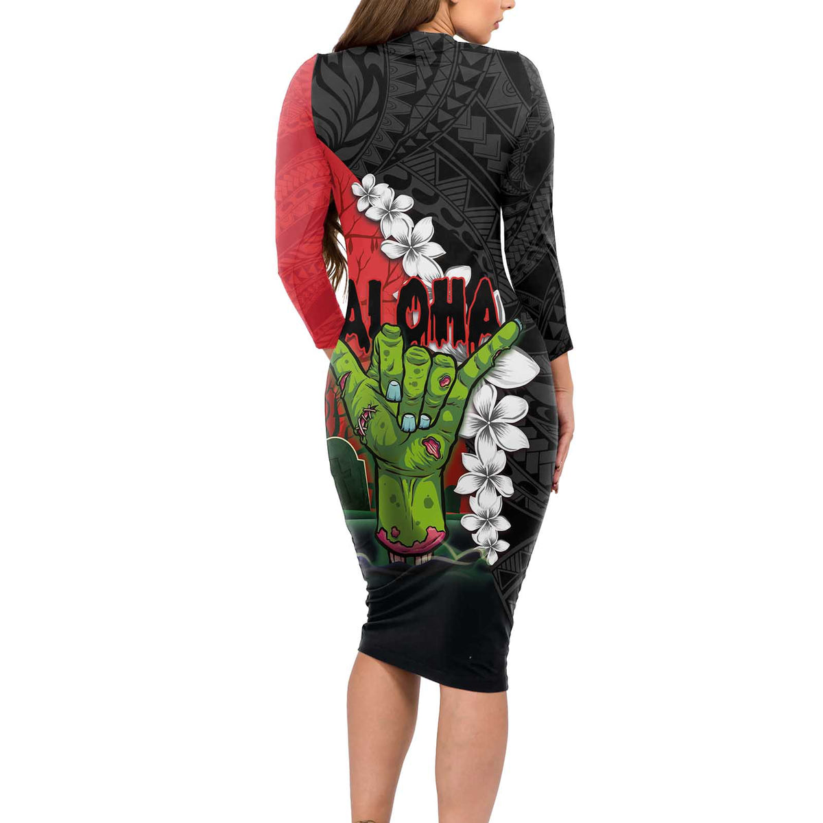 Hawaiian Halloween Long Sleeve Bodycon Dress Horror Shaka Hand with Plumeria and Polynesian Tattoo Blood Color LT03 - Polynesian Pride