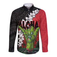 Hawaiian Halloween Long Sleeve Button Shirt Horror Shaka Hand with Plumeria and Polynesian Tattoo Blood Color LT03 Unisex Red - Polynesian Pride