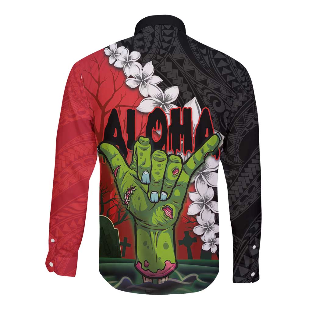 Hawaiian Halloween Long Sleeve Button Shirt Horror Shaka Hand with Plumeria and Polynesian Tattoo Blood Color LT03 - Polynesian Pride