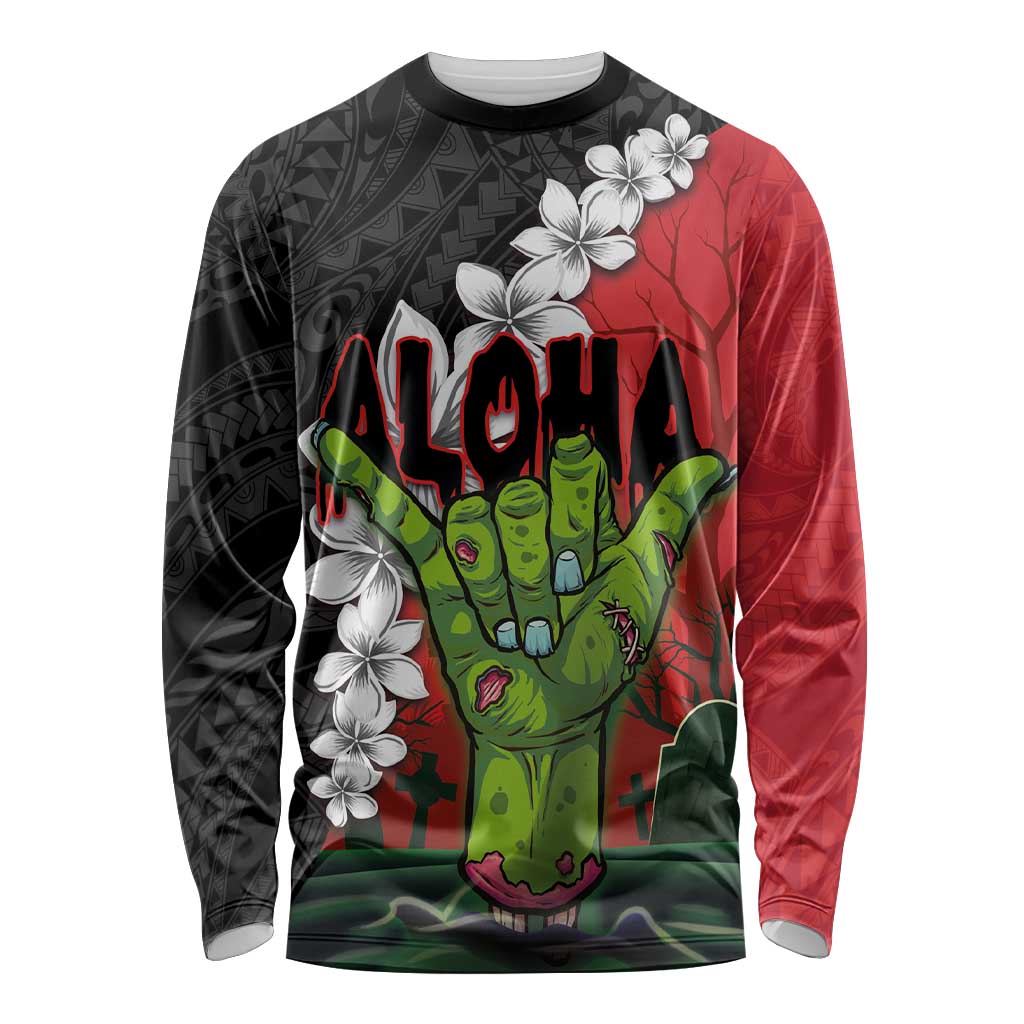 Hawaiian Halloween Long Sleeve Shirt Horror Shaka Hand with Plumeria and Polynesian Tattoo Blood Color LT03 Unisex Red - Polynesian Pride