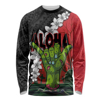 Hawaiian Halloween Long Sleeve Shirt Horror Shaka Hand with Plumeria and Polynesian Tattoo Blood Color LT03 Unisex Red - Polynesian Pride