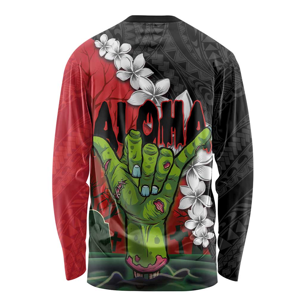 Hawaiian Halloween Long Sleeve Shirt Horror Shaka Hand with Plumeria and Polynesian Tattoo Blood Color LT03 - Polynesian Pride