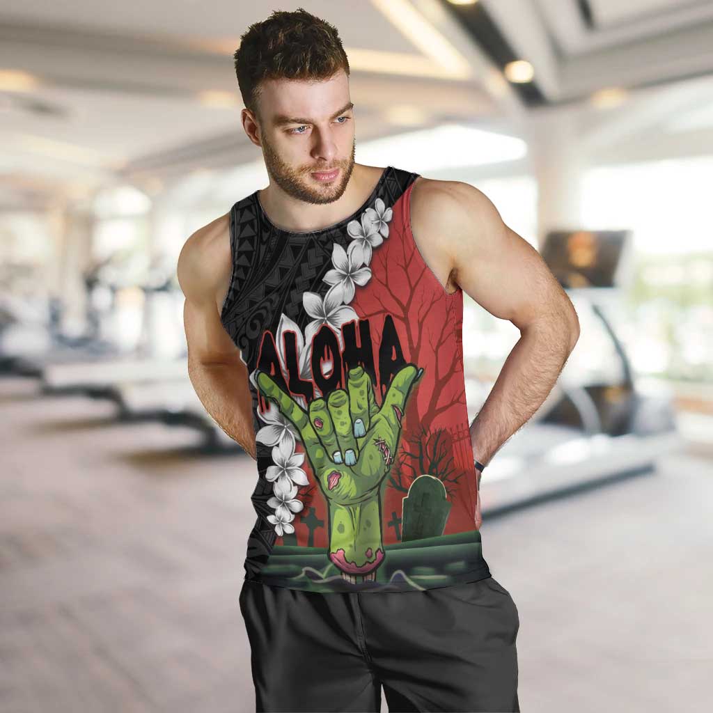 Hawaiian Halloween Men Tank Top Horror Shaka Hand with Plumeria and Polynesian Tattoo Blood Color LT03 Red - Polynesian Pride