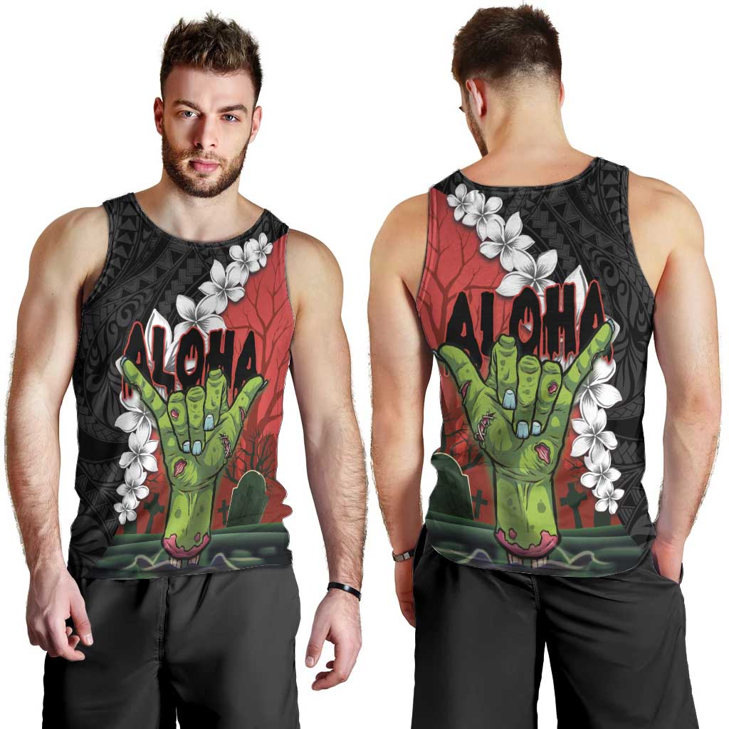 Hawaiian Halloween Men Tank Top Horror Shaka Hand with Plumeria and Polynesian Tattoo Blood Color LT03 - Polynesian Pride