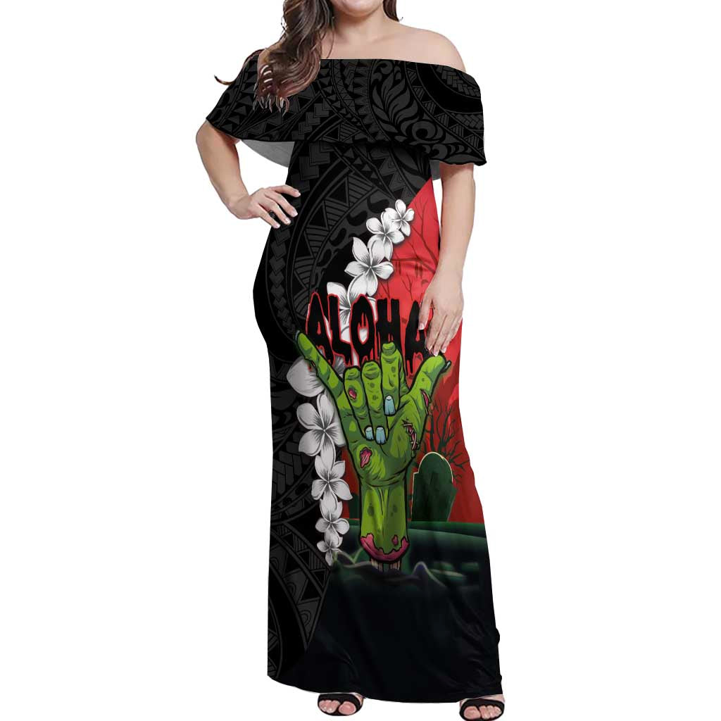 Hawaiian Halloween Off Shoulder Maxi Dress Horror Shaka Hand with Plumeria and Polynesian Tattoo Blood Color LT03 Women Red - Polynesian Pride