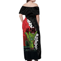 Hawaiian Halloween Off Shoulder Maxi Dress Horror Shaka Hand with Plumeria and Polynesian Tattoo Blood Color LT03 - Polynesian Pride