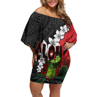Hawaiian Halloween Off Shoulder Short Dress Horror Shaka Hand with Plumeria and Polynesian Tattoo Blood Color LT03 Women Red - Polynesian Pride