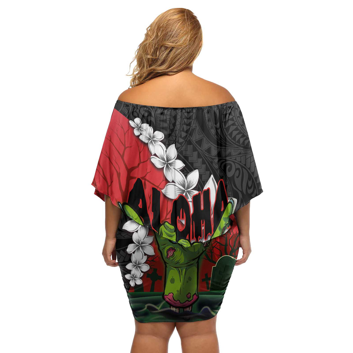 Hawaiian Halloween Off Shoulder Short Dress Horror Shaka Hand with Plumeria and Polynesian Tattoo Blood Color LT03 - Polynesian Pride