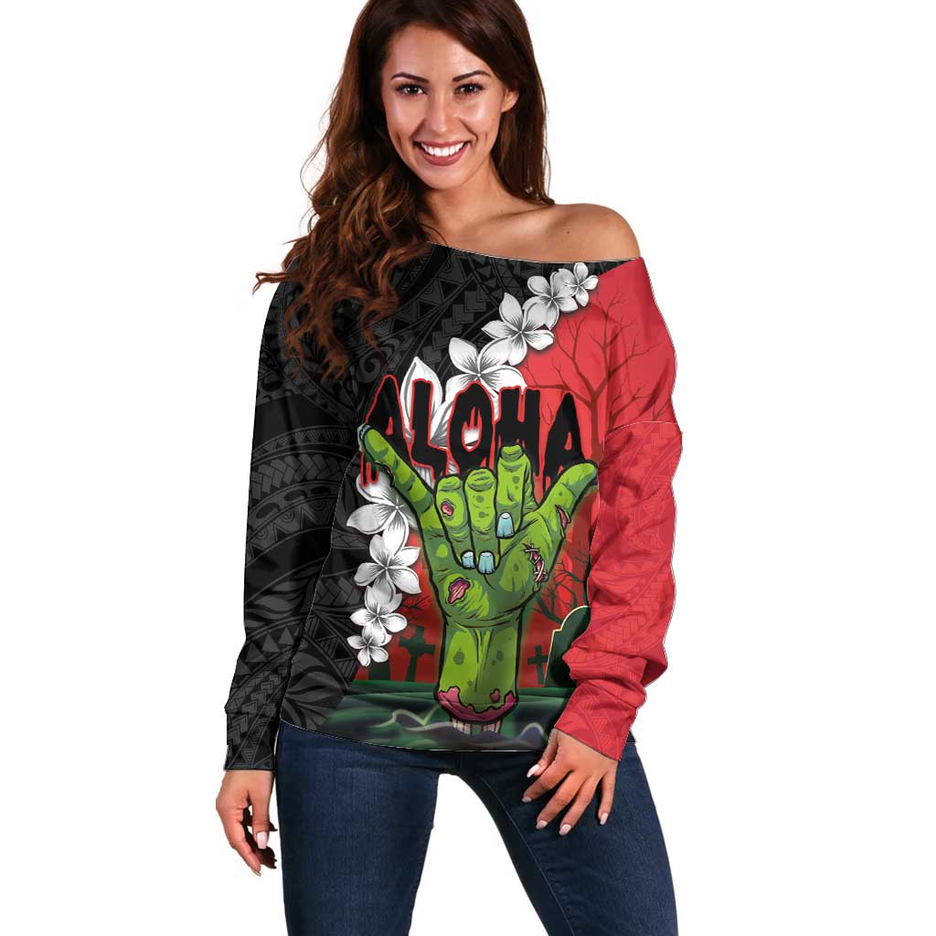 Hawaiian Halloween Off Shoulder Sweater Horror Shaka Hand with Plumeria and Polynesian Tattoo Blood Color LT03 Women Red - Polynesian Pride