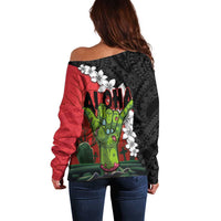 Hawaiian Halloween Off Shoulder Sweater Horror Shaka Hand with Plumeria and Polynesian Tattoo Blood Color LT03 - Polynesian Pride