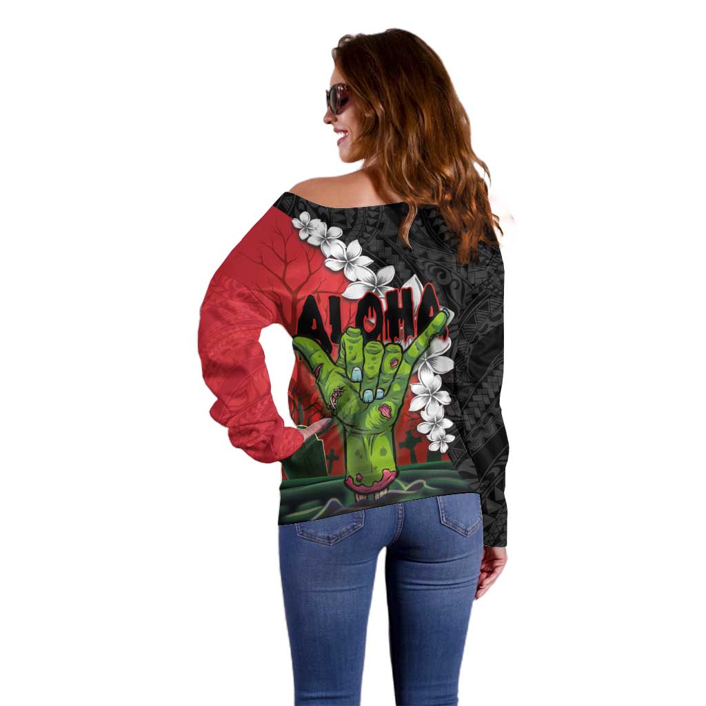 Hawaiian Halloween Off Shoulder Sweater Horror Shaka Hand with Plumeria and Polynesian Tattoo Blood Color LT03 - Polynesian Pride