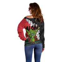 Hawaiian Halloween Off Shoulder Sweater Horror Shaka Hand with Plumeria and Polynesian Tattoo Blood Color LT03 - Polynesian Pride