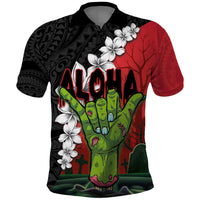 Hawaiian Halloween Polo Shirt Horror Shaka Hand with Plumeria and Polynesian Tattoo Blood Color LT03 Red - Polynesian Pride