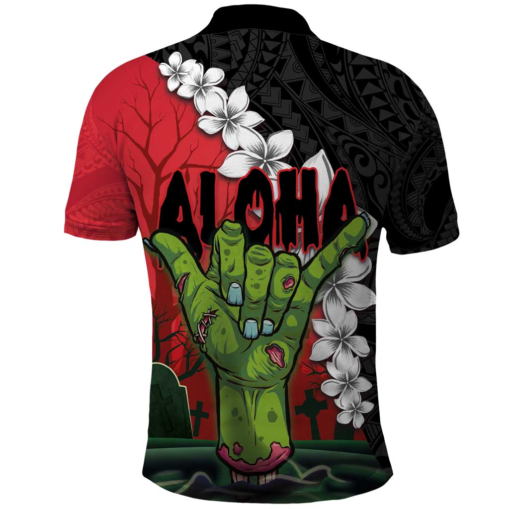 Hawaiian Halloween Polo Shirt Horror Shaka Hand with Plumeria and Polynesian Tattoo Blood Color LT03 - Polynesian Pride
